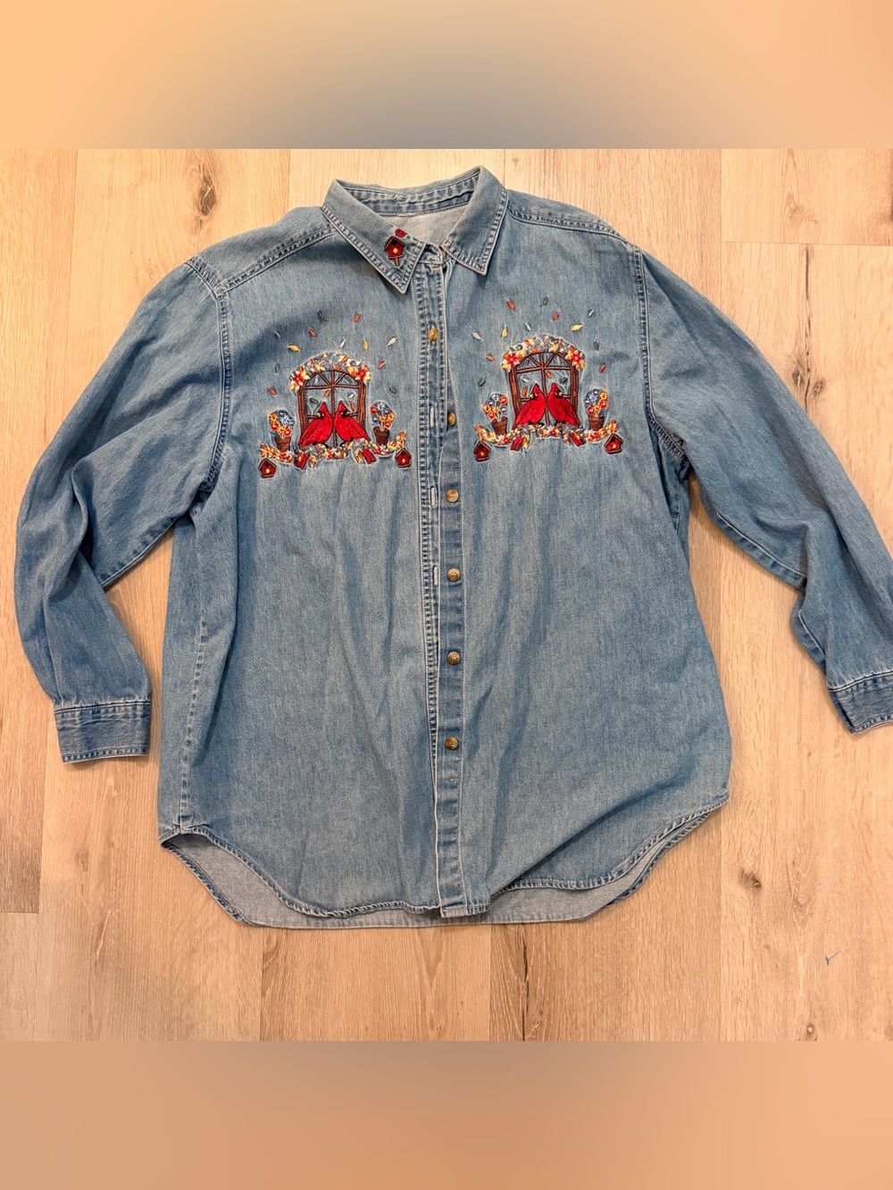 Vintage 90s Embroidered Cardinal Denim Shirt Fall Autumn Button Up XL